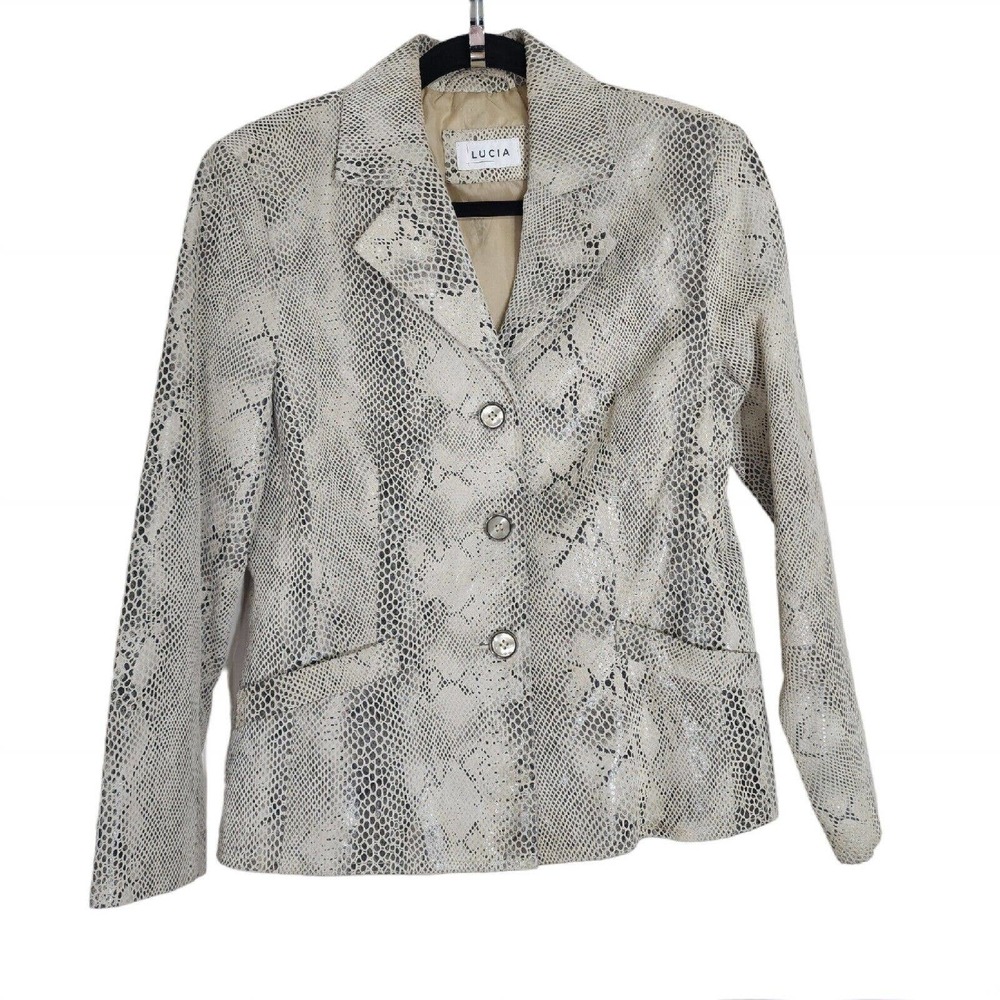 Lucia Womens Jacket Beige Suede Snake Print Vtg 90s Y2K 00s Blazer Coat Size 8 M